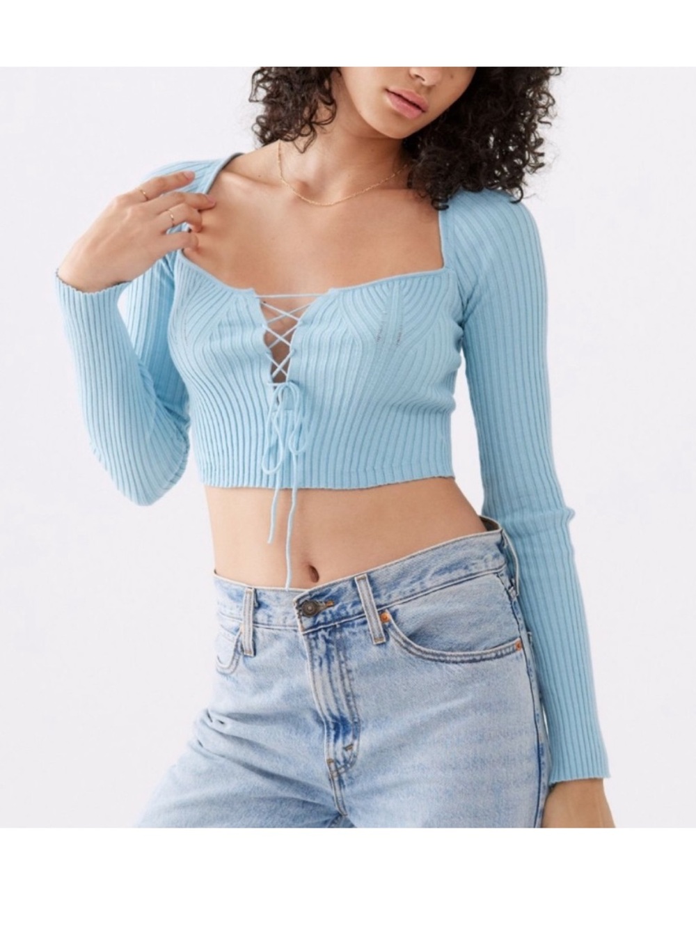 Urban Outfitters Elianna Lace Up Sweater Light Blue Long Sleeve Crop Top Size M